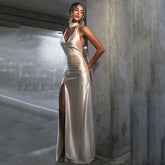 Deep V collar halter neck backless satin ribbon dress